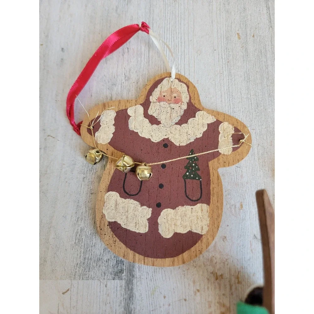 Vintage Santa Claus Bell reindeer wooden ornament Xmas set unique